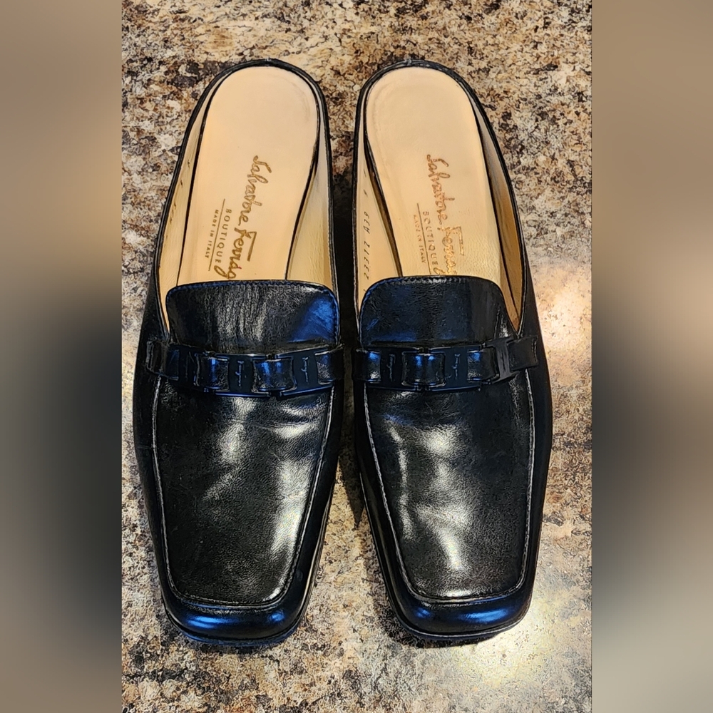 Authentic Salvatore Ferragamo Black Leather Mules Ladies Size 9